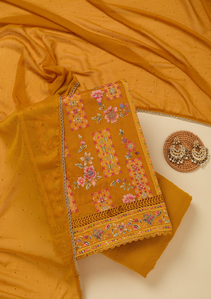 Mustard Yellow Georgette Threadwork Unstitched Dress Material With Matching Bottom And Dupatta