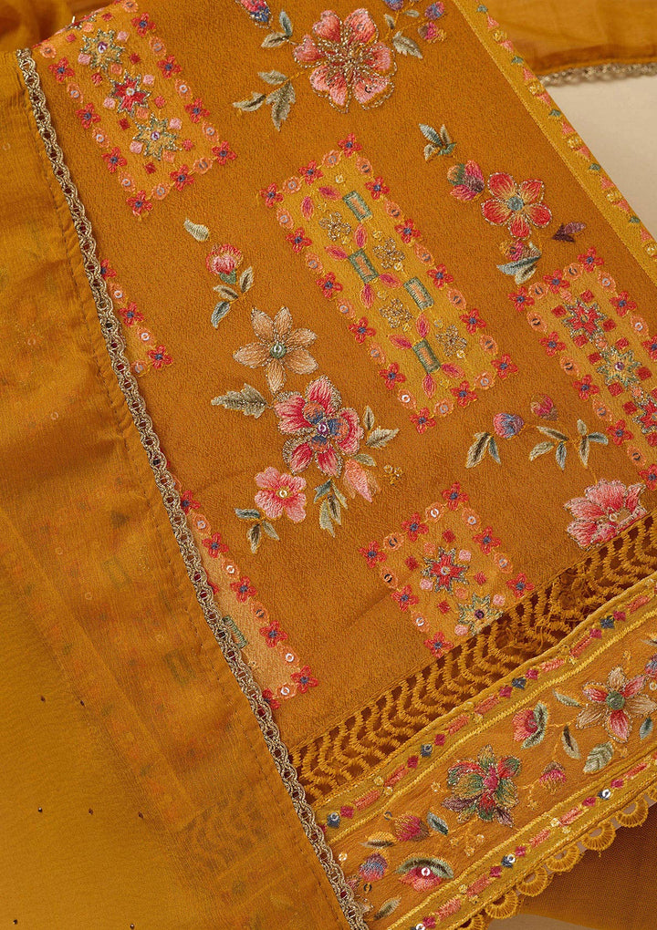 Mustard Yellow Georgette Threadwork Unstitched Dress Material With Matching Bottom And Dupatta