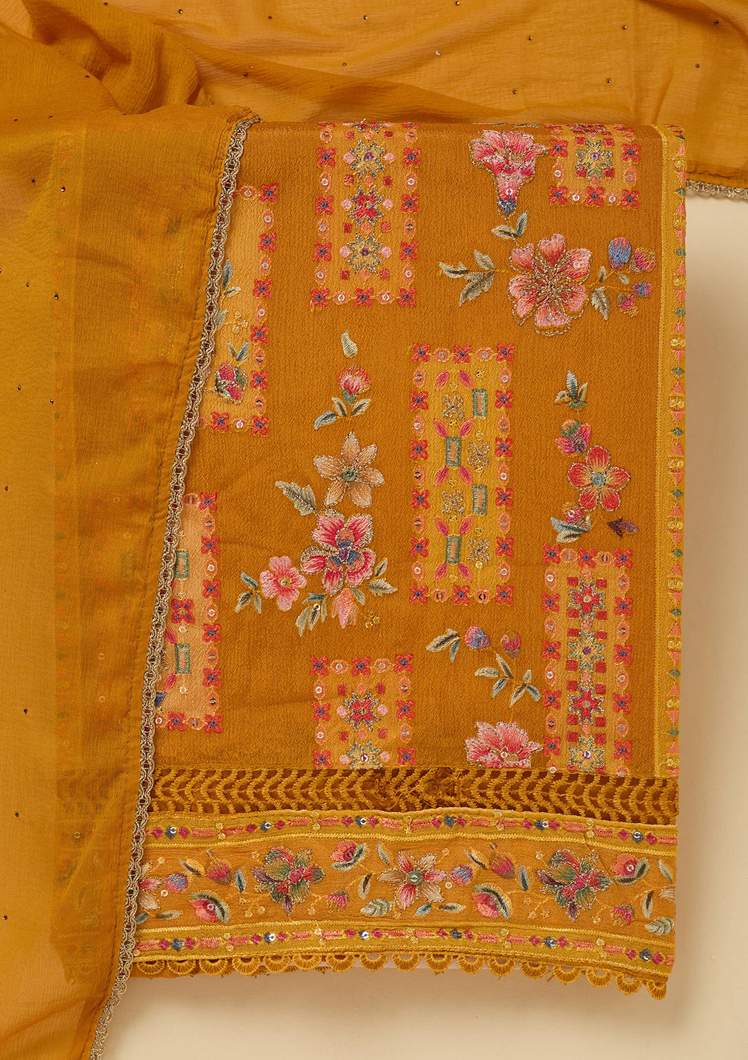 Mustard Yellow Georgette Threadwork Unstitched Dress Material With Matching Bottom And Dupatta