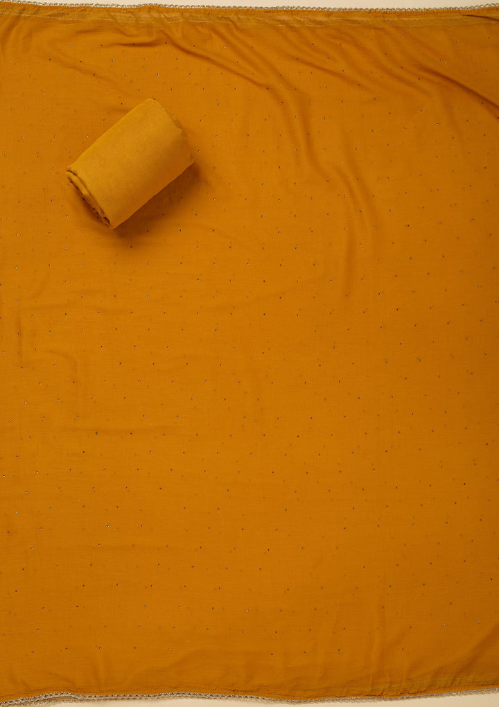 Mustard Yellow Georgette Threadwork Unstitched Dress Material With Matching Bottom And Dupatta