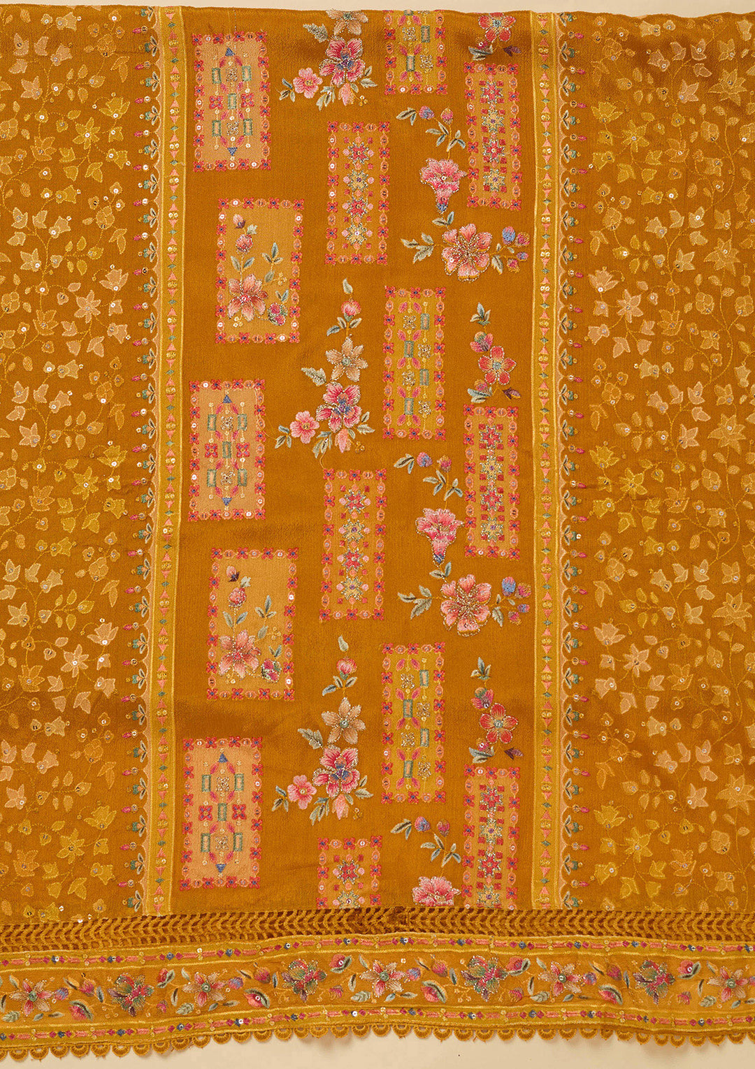 Mustard Yellow Georgette Threadwork Unstitched Dress Material With Matching Bottom And Dupatta
