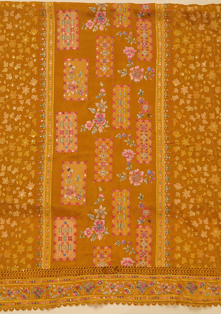 Mustard Yellow Georgette Threadwork Unstitched Dress Material With Matching Bottom And Dupatta