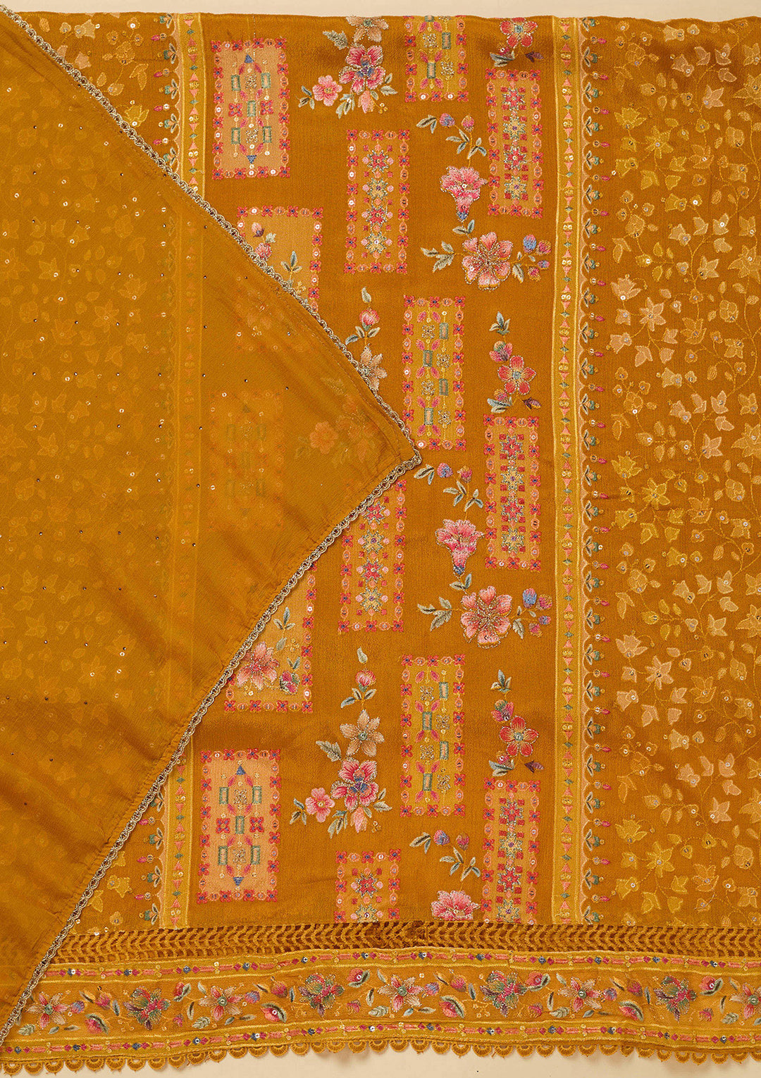 Mustard Yellow Georgette Threadwork Unstitched Dress Material With Matching Bottom And Dupatta