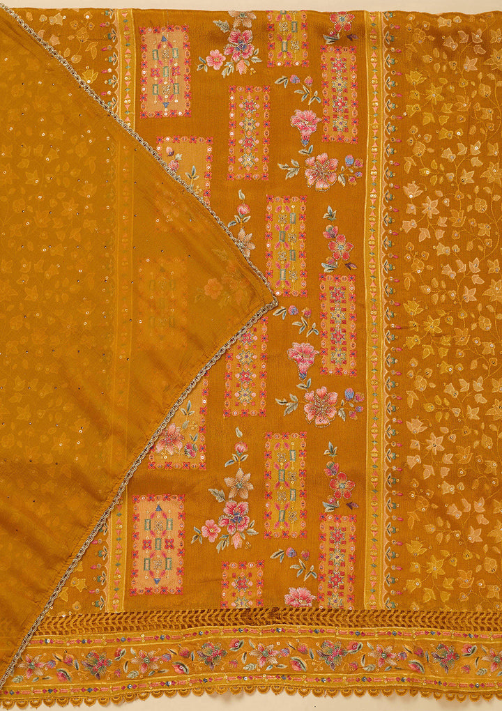 Mustard Yellow Georgette Threadwork Unstitched Dress Material With Matching Bottom And Dupatta