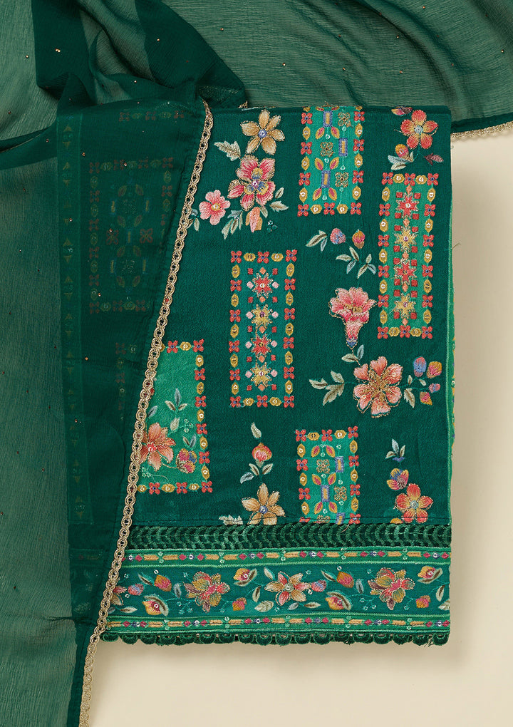 Rama Green Georgette Threadwork Unstitched Dress Material With Matching Bottom And Dupatta