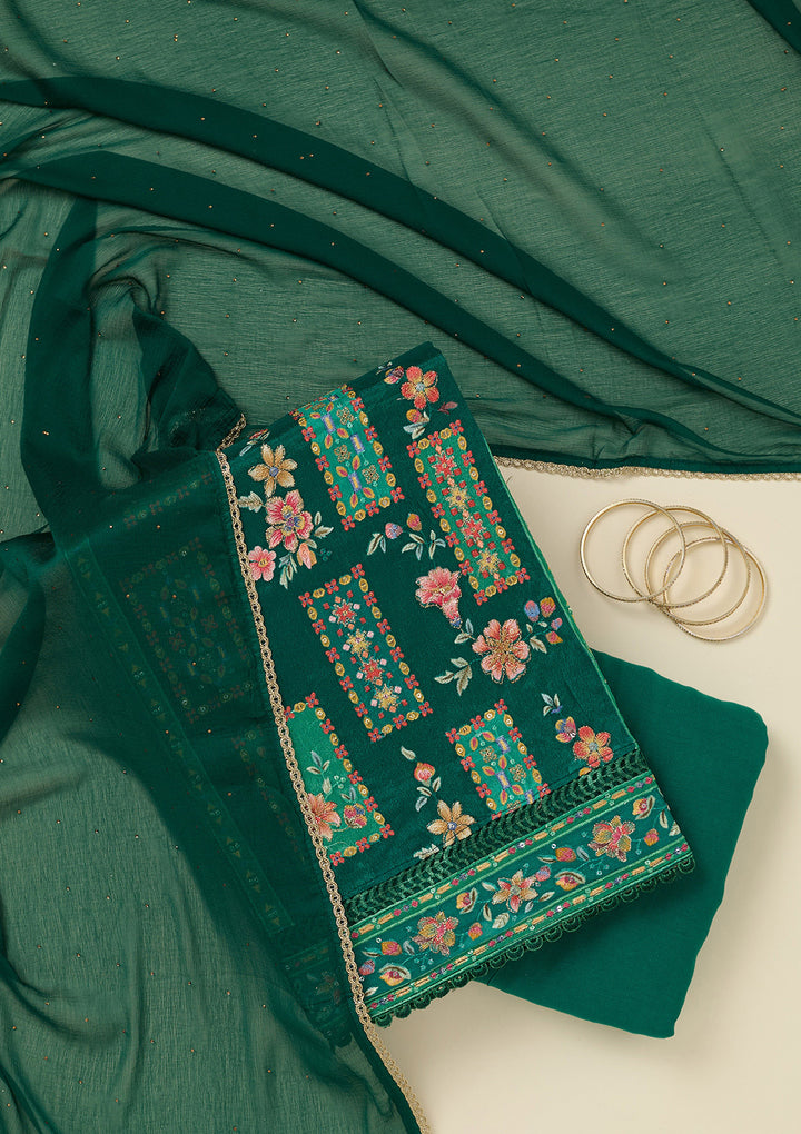 Rama Green Georgette Threadwork Unstitched Dress Material With Matching Bottom And Dupatta