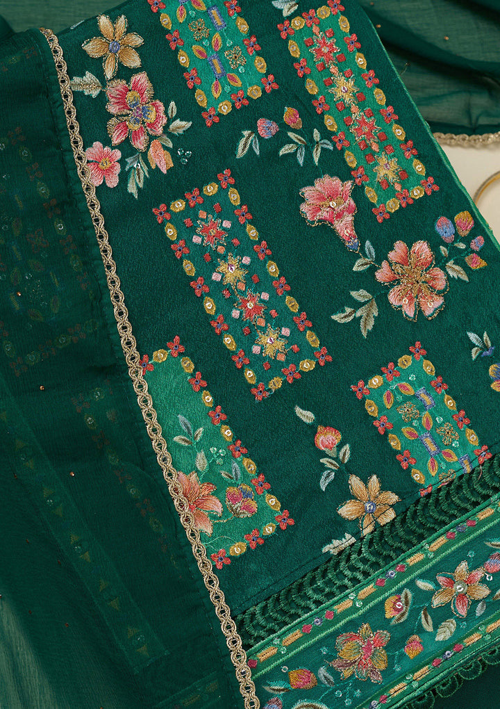 Rama Green Georgette Threadwork Unstitched Dress Material With Matching Bottom And Dupatta