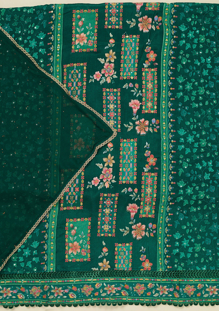 Rama Green Georgette Threadwork Unstitched Dress Material With Matching Bottom And Dupatta
