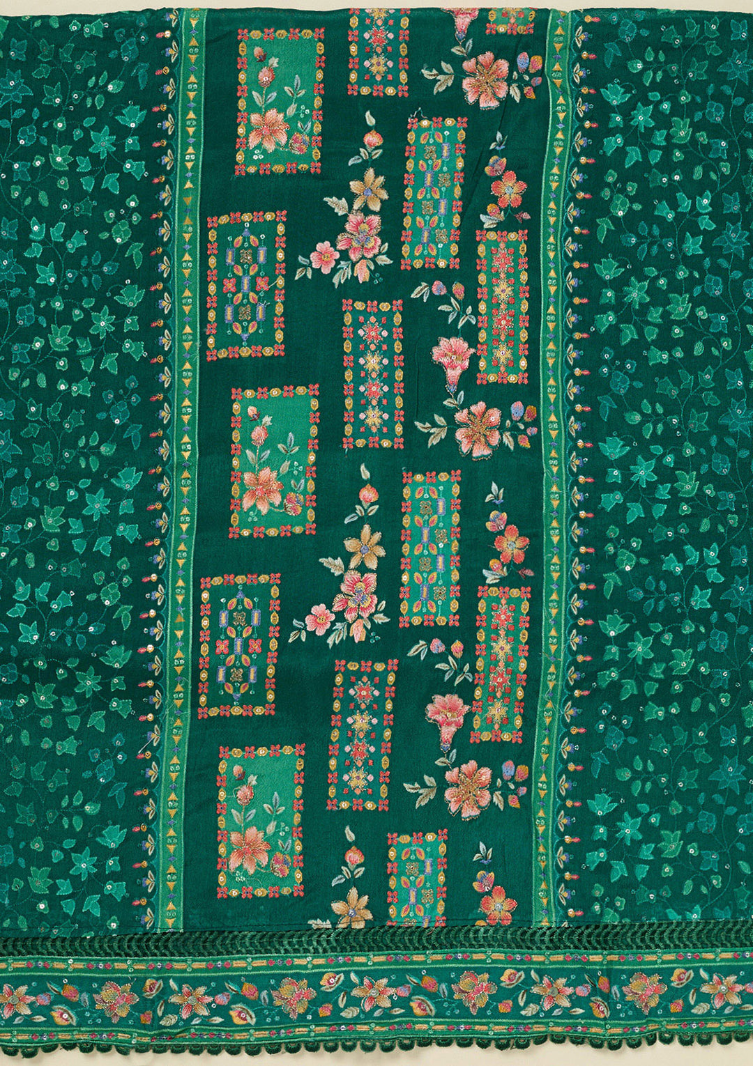 Rama Green Georgette Threadwork Unstitched Dress Material With Matching Bottom And Dupatta