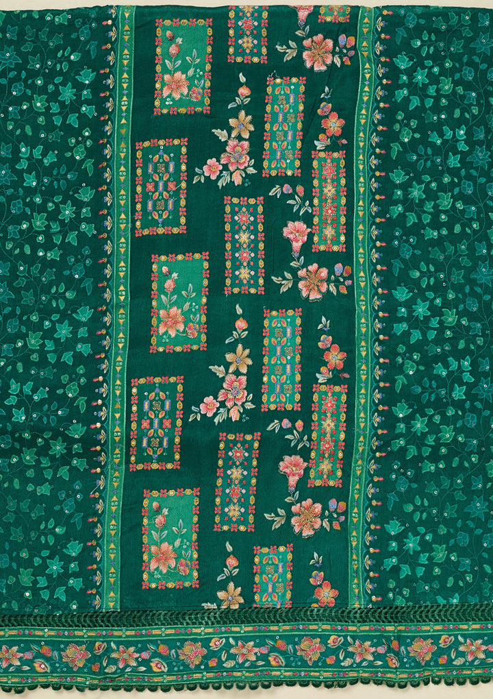 Rama Green Georgette Threadwork Unstitched Dress Material With Matching Bottom And Dupatta
