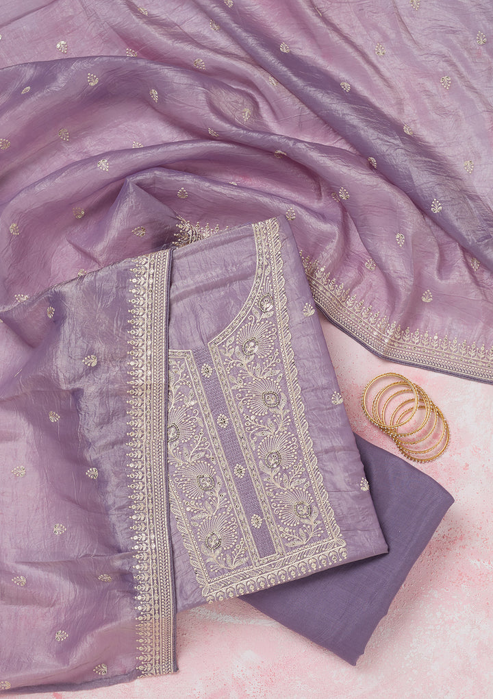 Lavender Tissue Threadwork Unstitched Dress Material With Matching Bottom And Dupatta