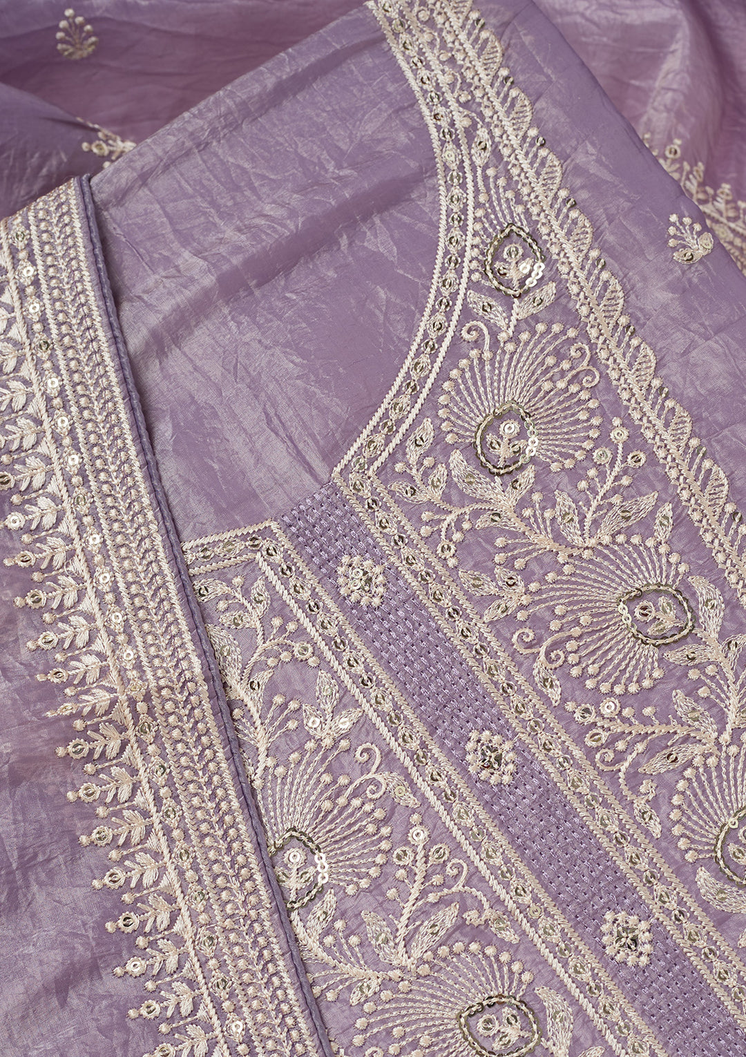 Lavender Tissue Threadwork Unstitched Dress Material With Matching Bottom And Dupatta