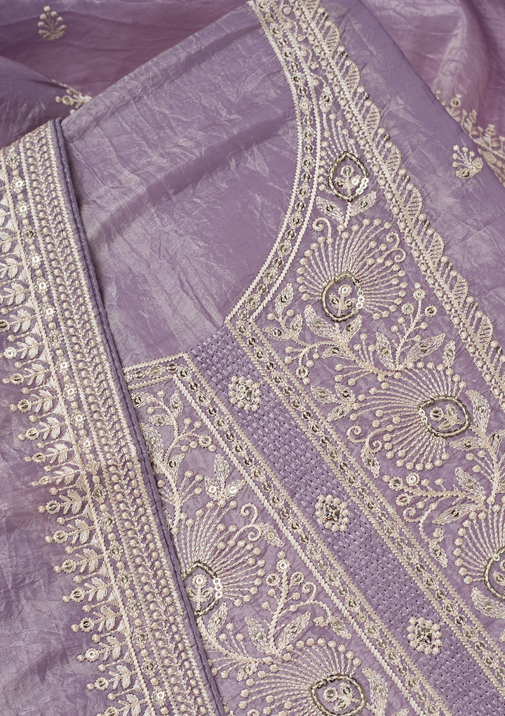 Lavender Tissue Threadwork Unstitched Dress Material With Matching Bottom And Dupatta