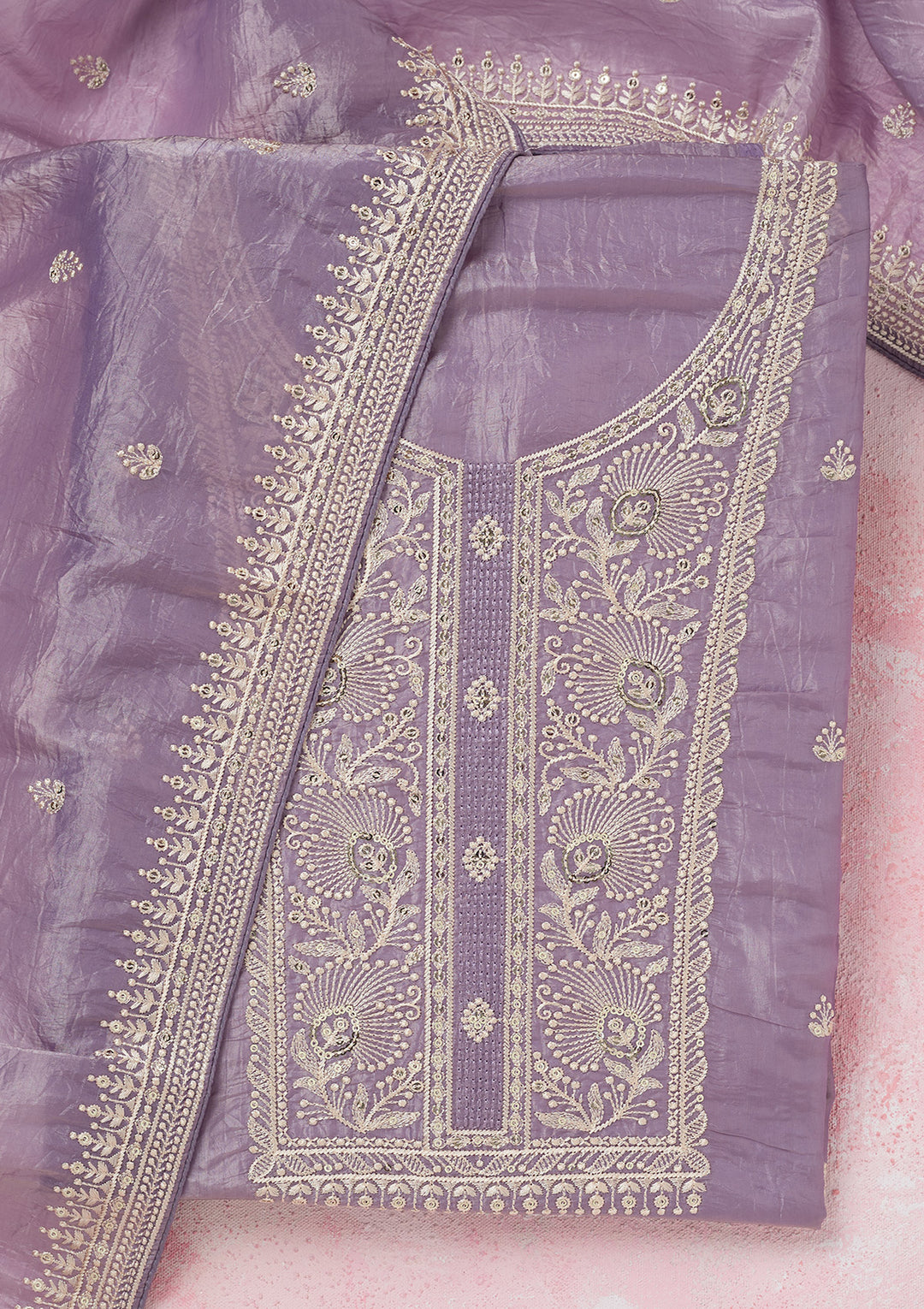 Lavender Tissue Threadwork Unstitched Dress Material With Matching Bottom And Dupatta