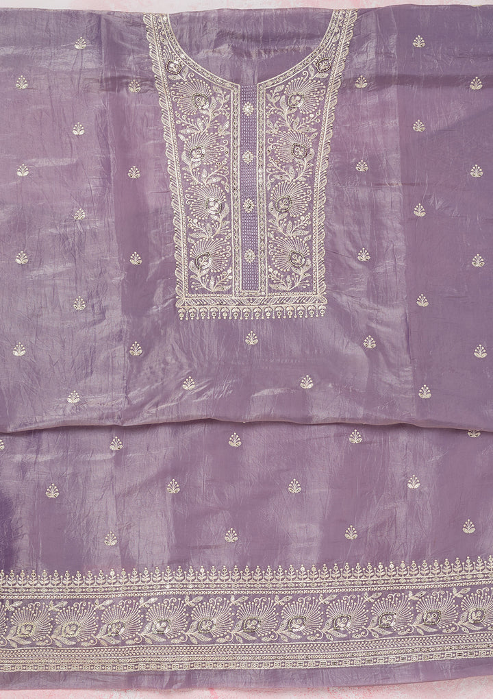Lavender Tissue Threadwork Unstitched Dress Material With Matching Bottom And Dupatta