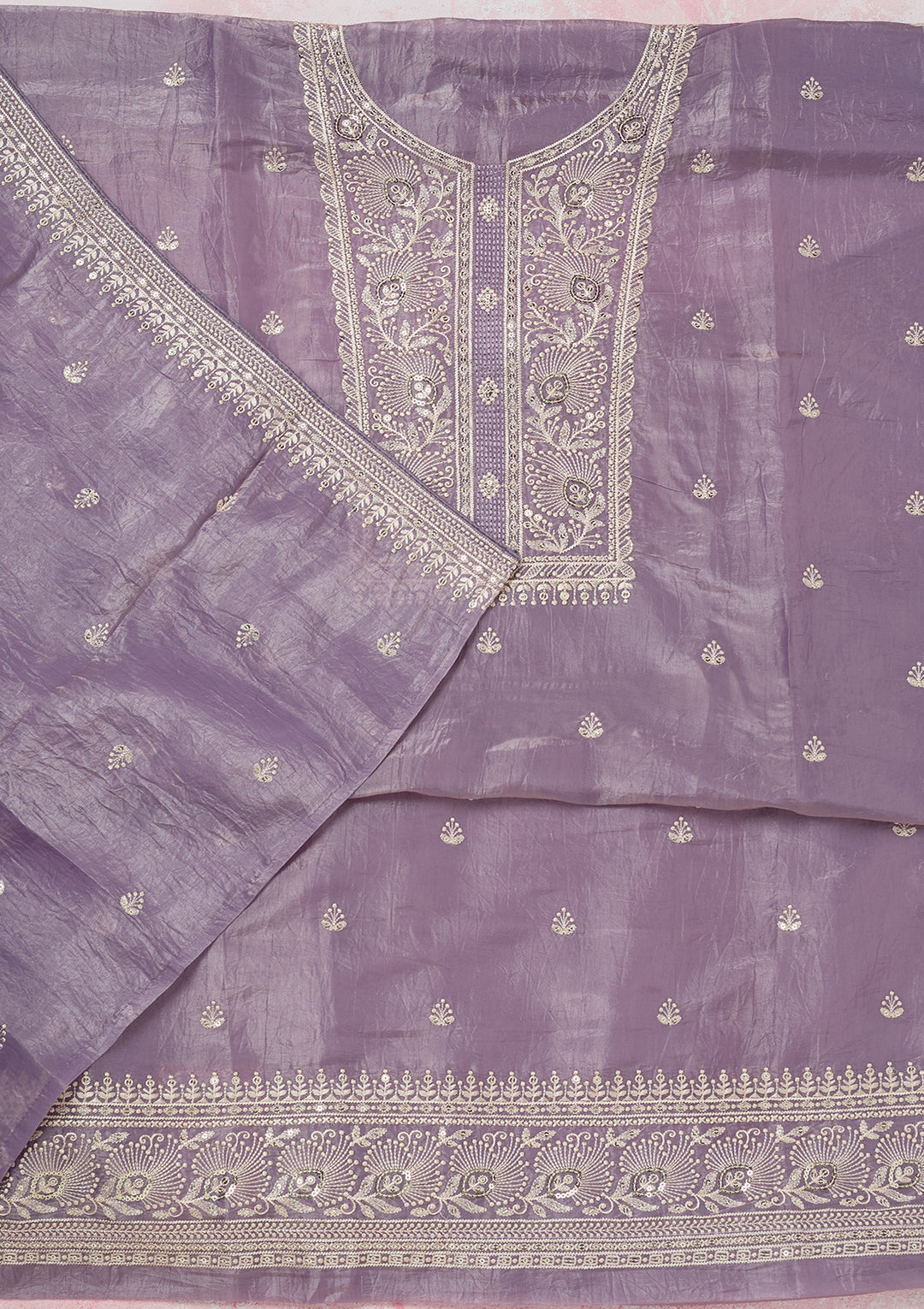 Lavender Tissue Threadwork Unstitched Dress Material With Matching Bottom And Dupatta