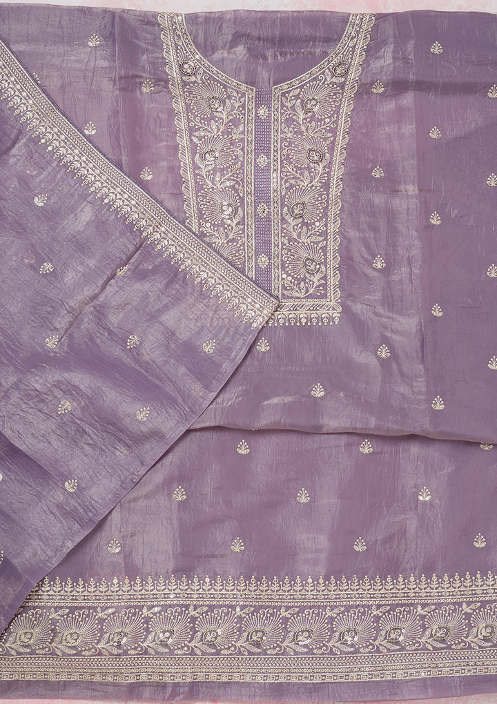 Lavender Tissue Threadwork Unstitched Dress Material With Matching Bottom And Dupatta