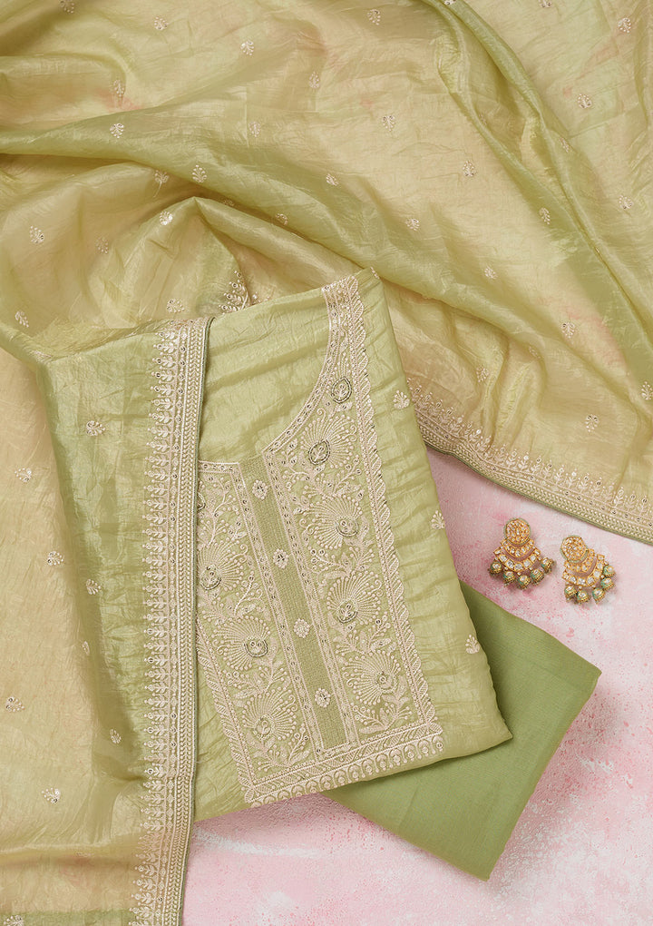 Pista Green Tissue Threadwork Unstitched Dress Material With Matching Bottom And Dupatta