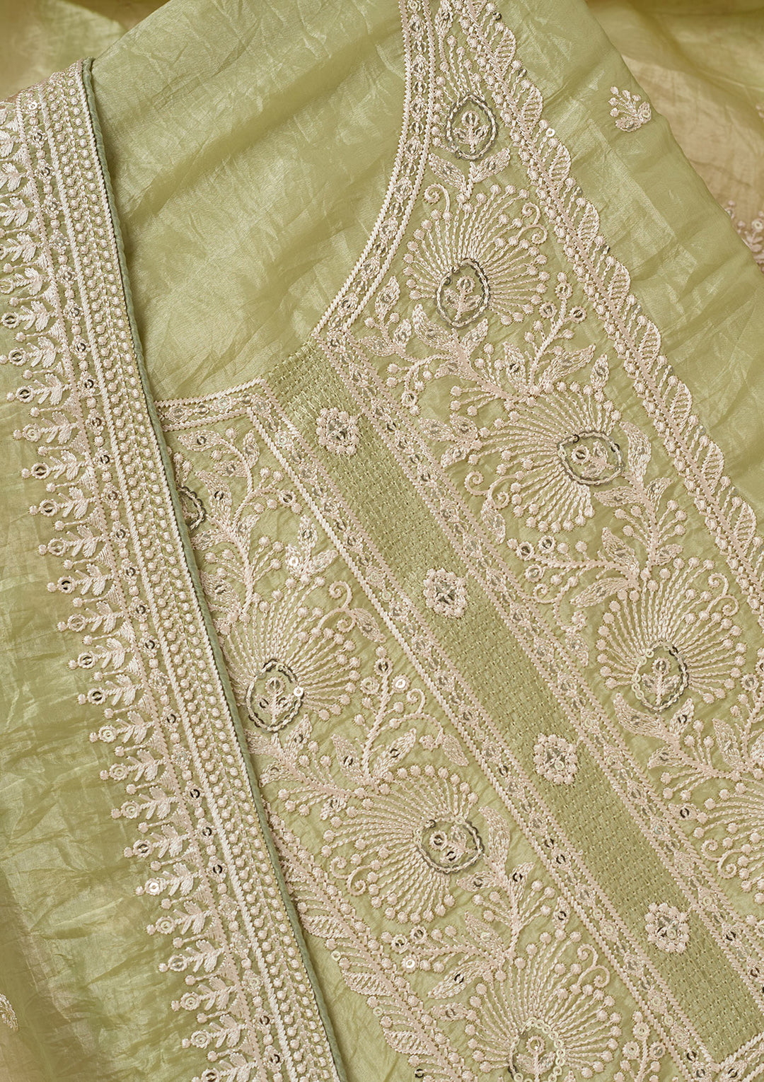 Pista Green Tissue Threadwork Unstitched Dress Material With Matching Bottom And Dupatta