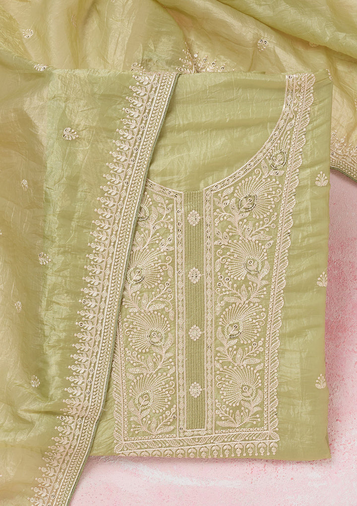 Pista Green Tissue Threadwork Unstitched Dress Material With Matching Bottom And Dupatta