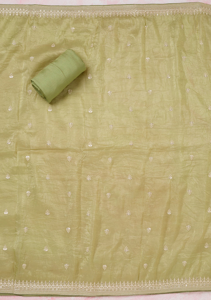 Pista Green Tissue Threadwork Unstitched Dress Material With Matching Bottom And Dupatta