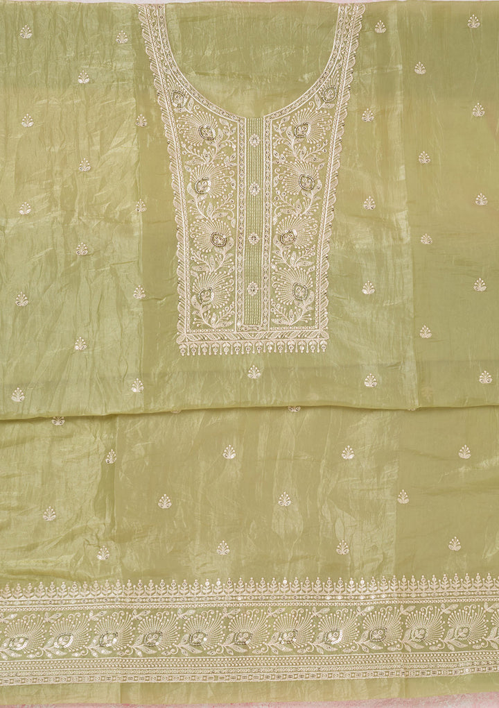 Pista Green Tissue Threadwork Unstitched Dress Material With Matching Bottom And Dupatta