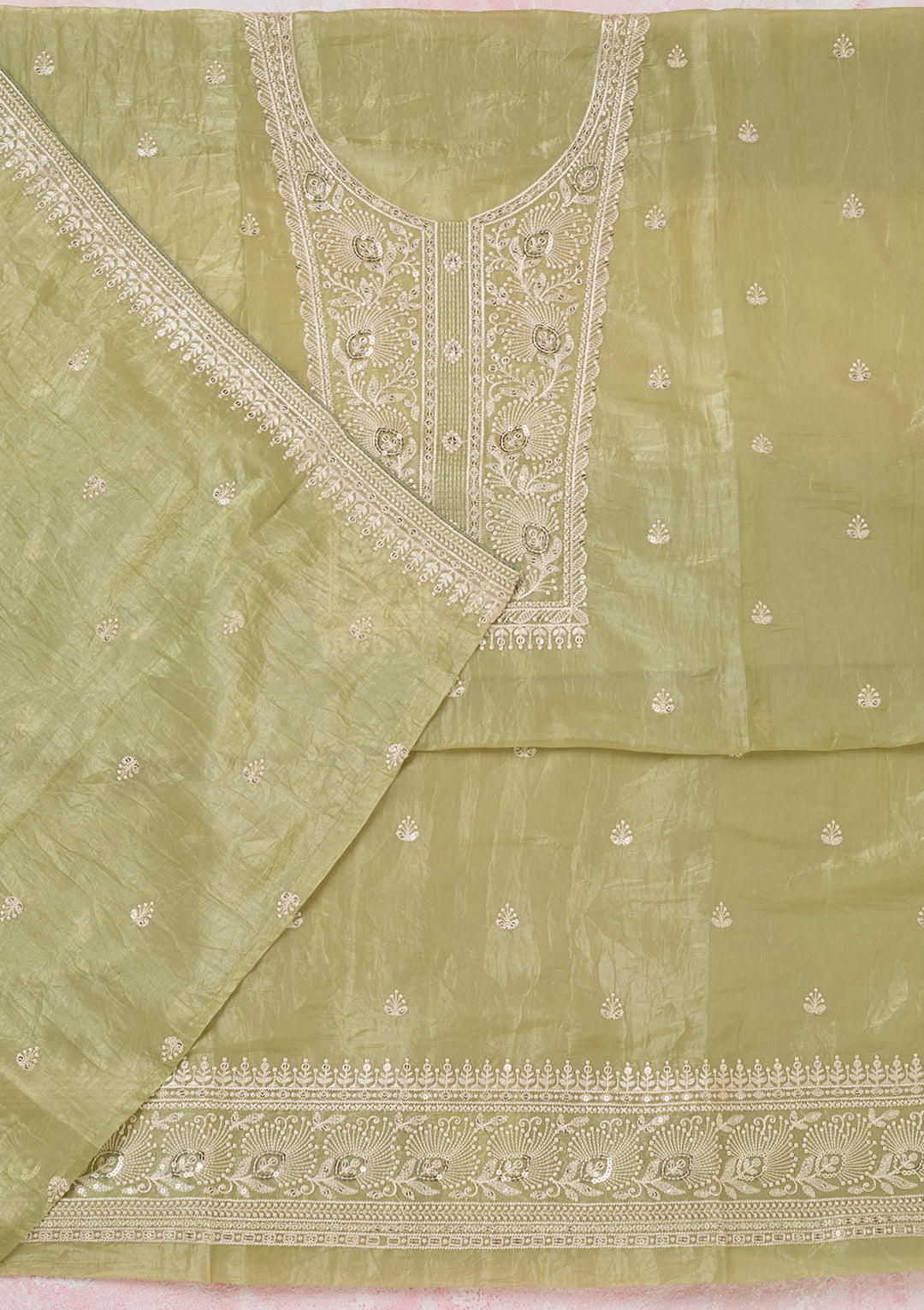 Pista Green Tissue Threadwork Unstitched Dress Material With Matching Bottom And Dupatta