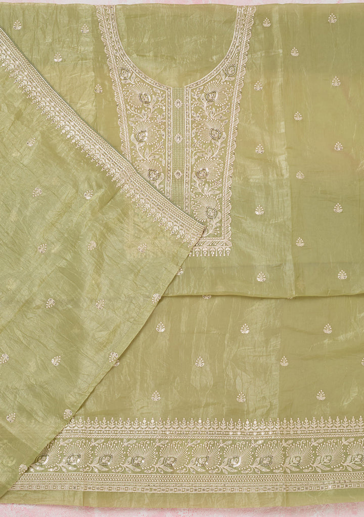 Pista Green Tissue Threadwork Unstitched Dress Material With Matching Bottom And Dupatta