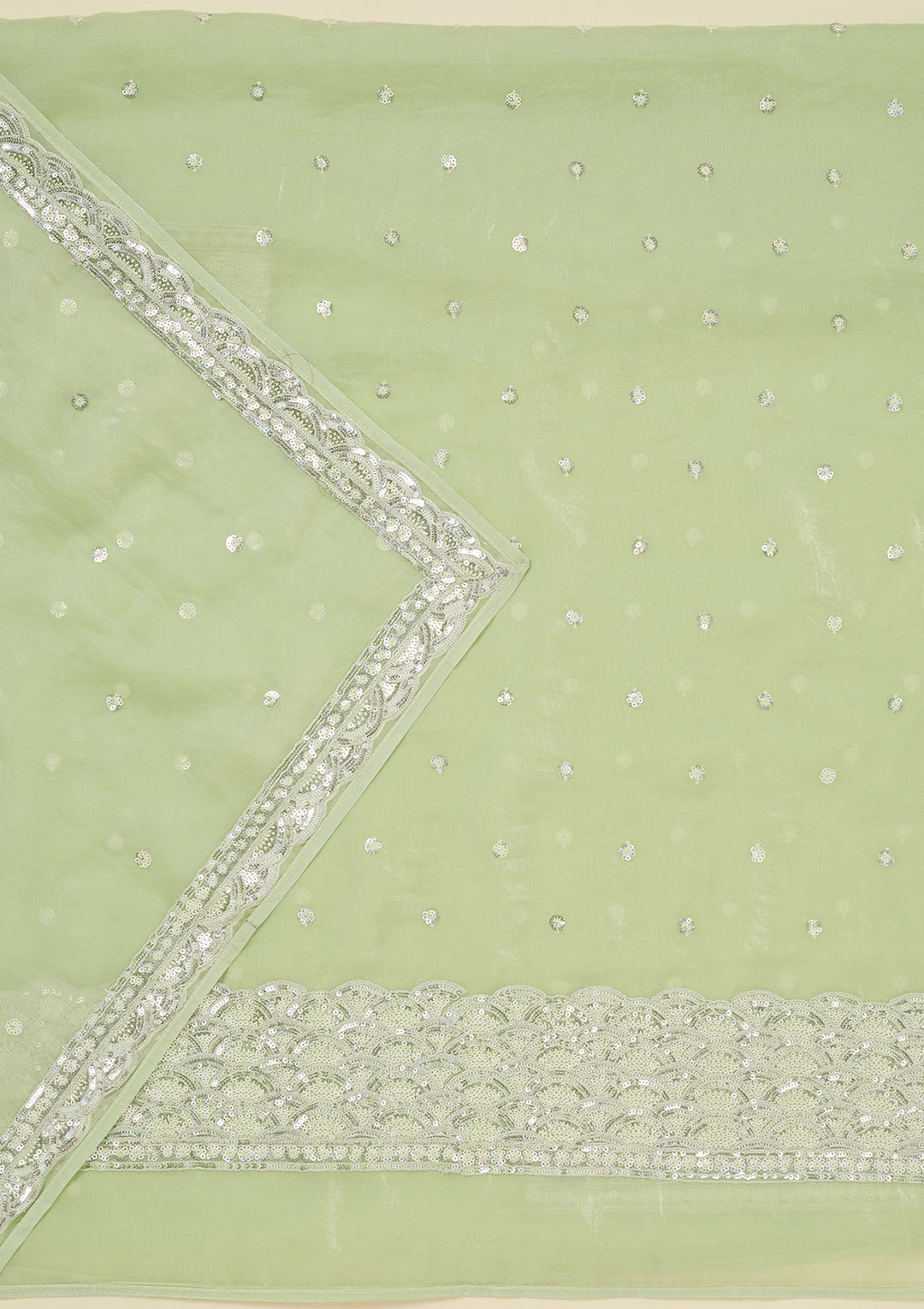 Pista Green Tissue Sequins Unstitched Dress Material With Matching Bottom And Dupatta