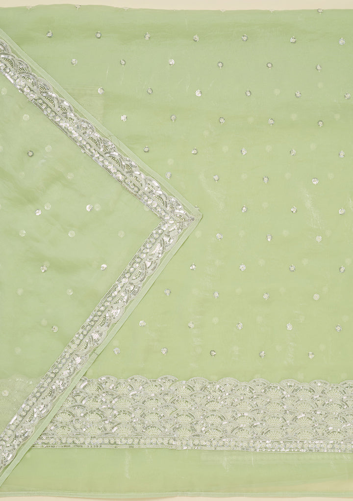 Pista Green Tissue Sequins Unstitched Dress Material With Matching Bottom And Dupatta