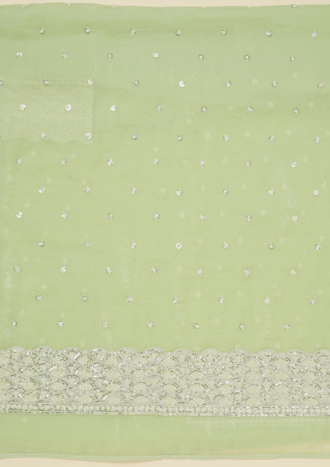 Pista Green Tissue Sequins Unstitched Dress Material With Matching Bottom And Dupatta