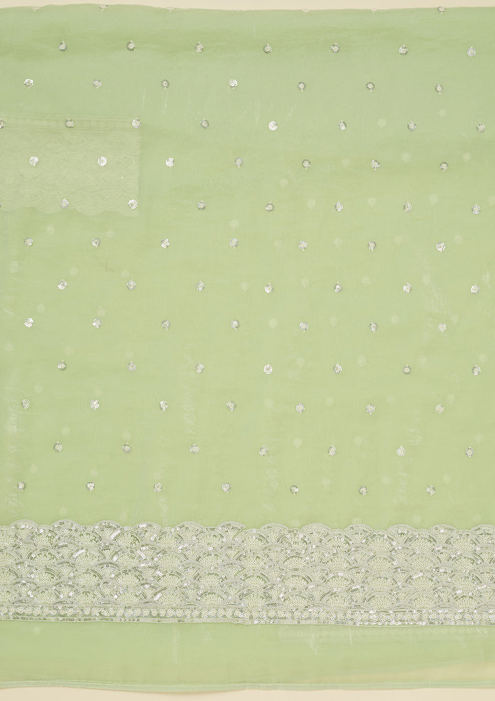 Pista Green Tissue Sequins Unstitched Dress Material With Matching Bottom And Dupatta