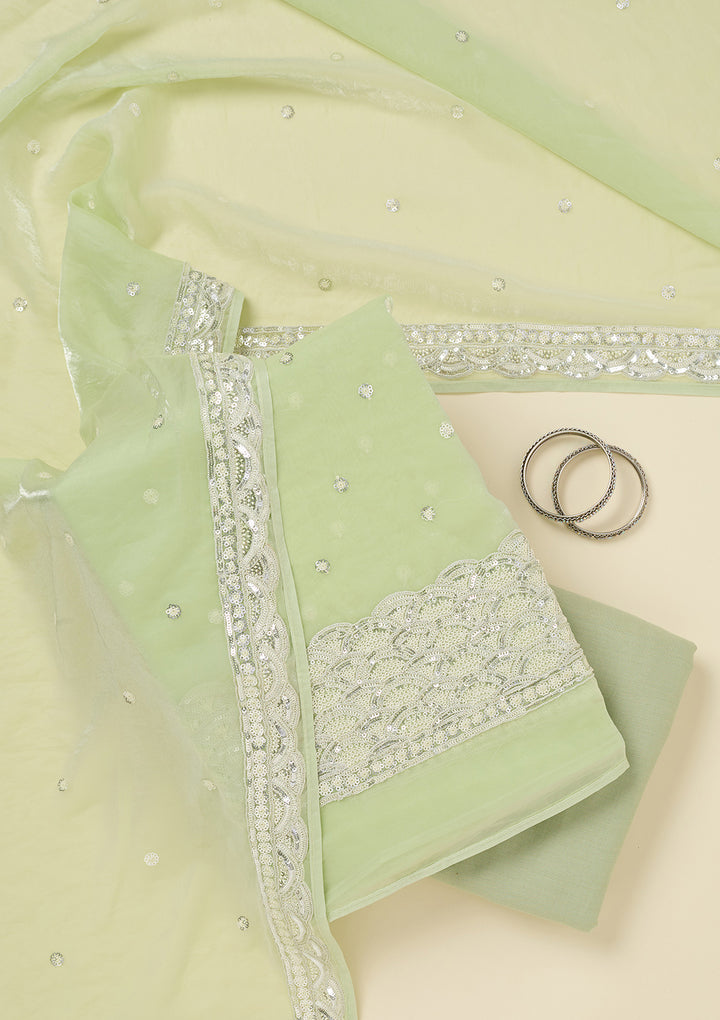 Pista Green Tissue Sequins Unstitched Dress Material With Matching Bottom And Dupatta
