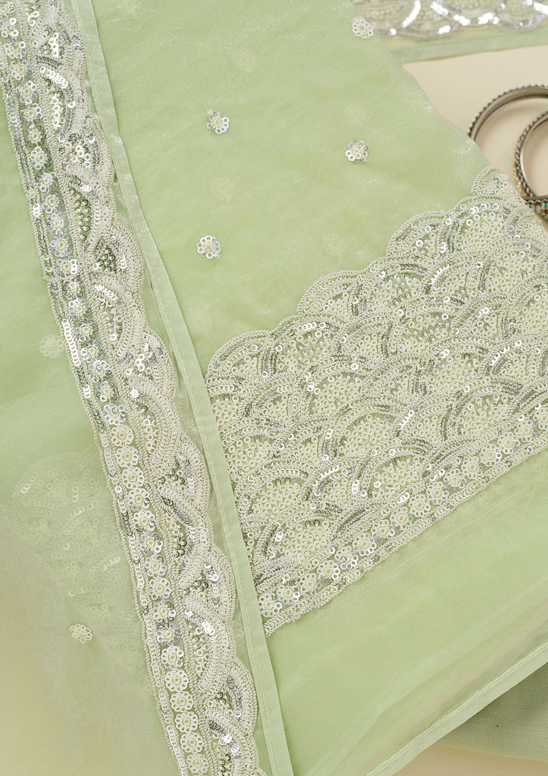 Pista Green Tissue Sequins Unstitched Dress Material With Matching Bottom And Dupatta