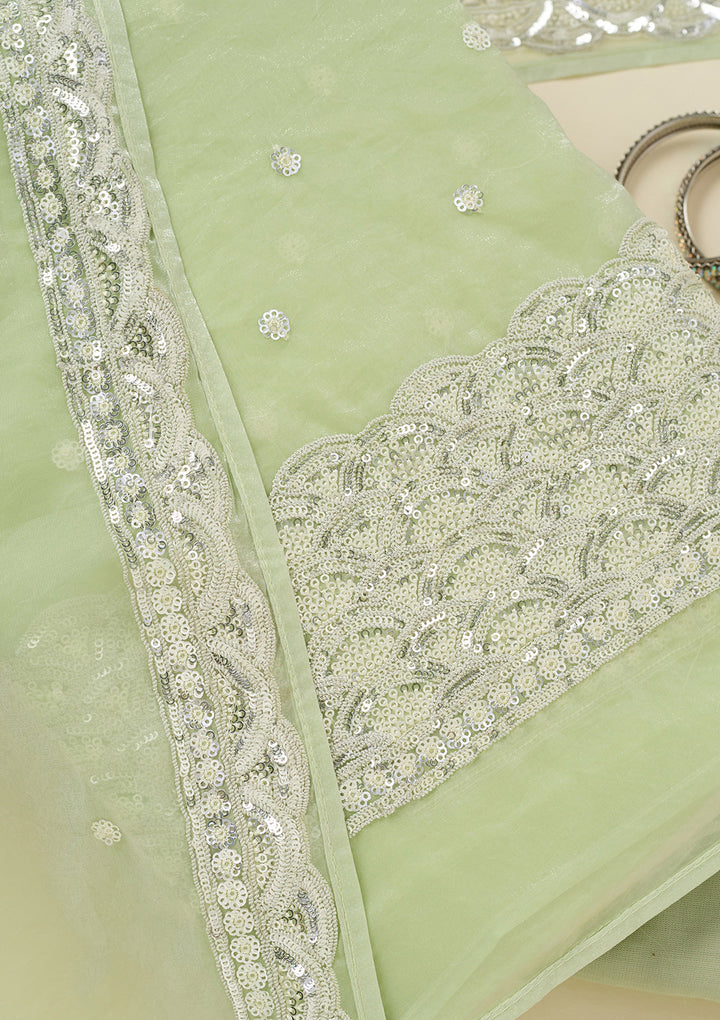 Pista Green Tissue Sequins Unstitched Dress Material With Matching Bottom And Dupatta