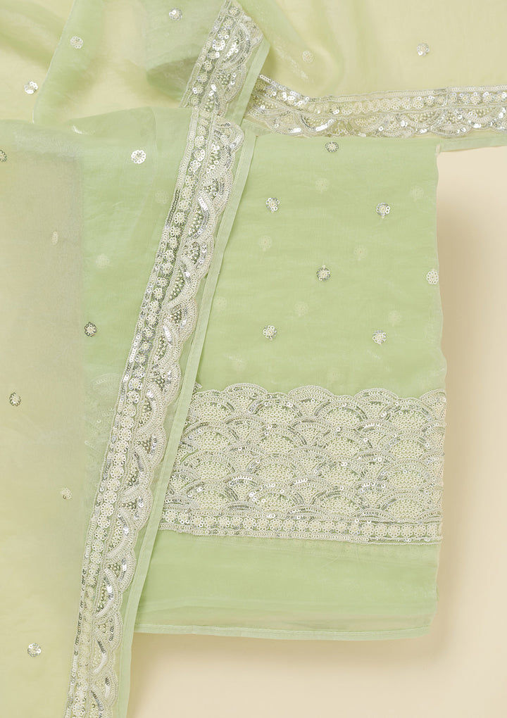 Pista Green Tissue Sequins Unstitched Dress Material With Matching Bottom And Dupatta