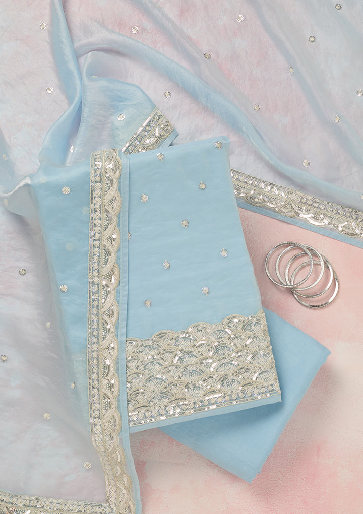 Sky Blue Tissue Sequins Unstitched Dress Material With Matching Bottom And Dupatta