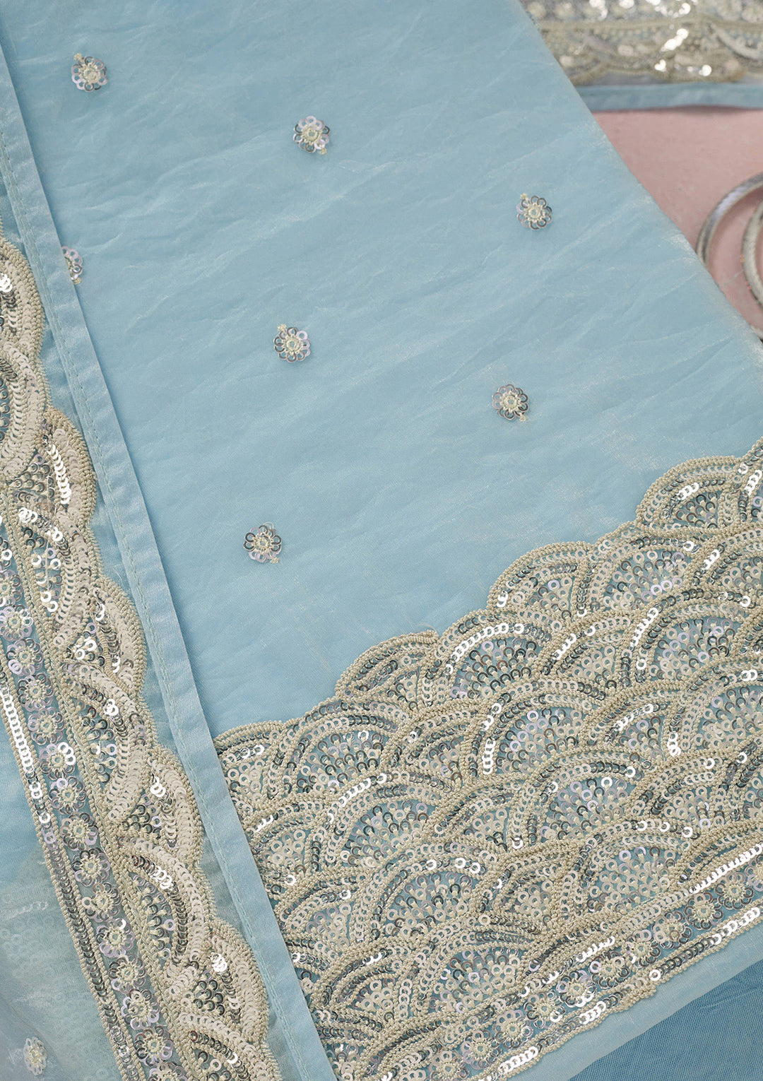 Sky Blue Tissue Sequins Unstitched Dress Material With Matching Bottom And Dupatta