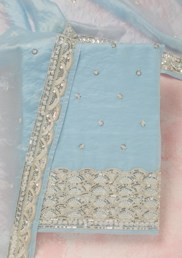 Sky Blue Tissue Sequins Unstitched Dress Material With Matching Bottom And Dupatta