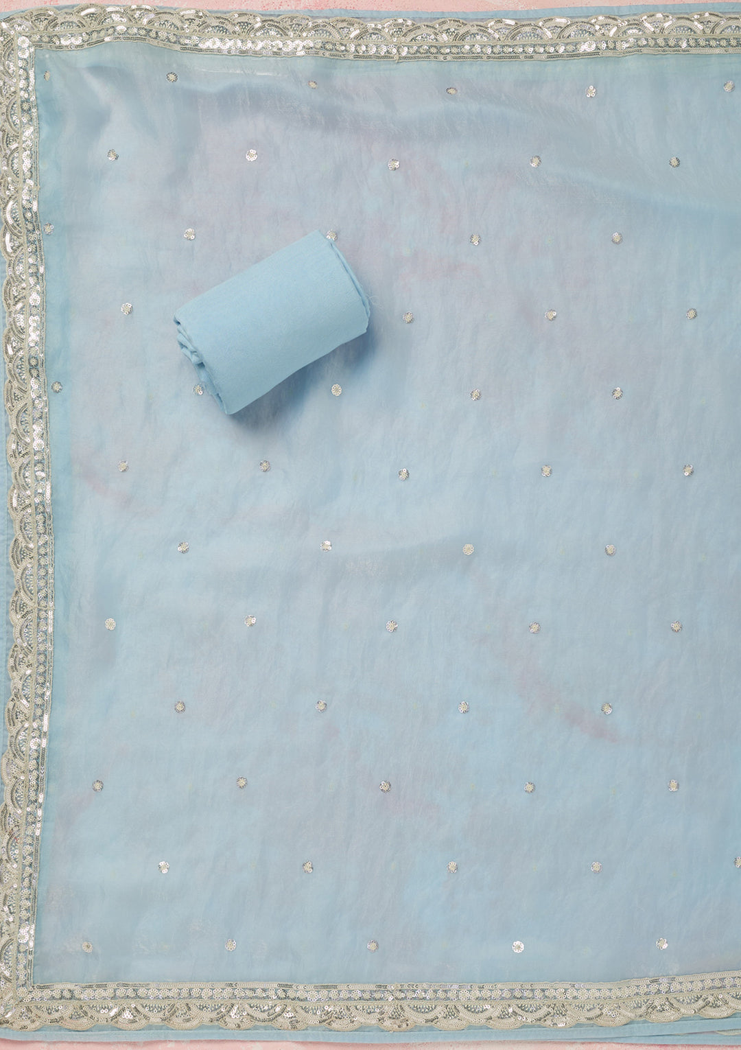 Sky Blue Tissue Sequins Unstitched Dress Material With Matching Bottom And Dupatta
