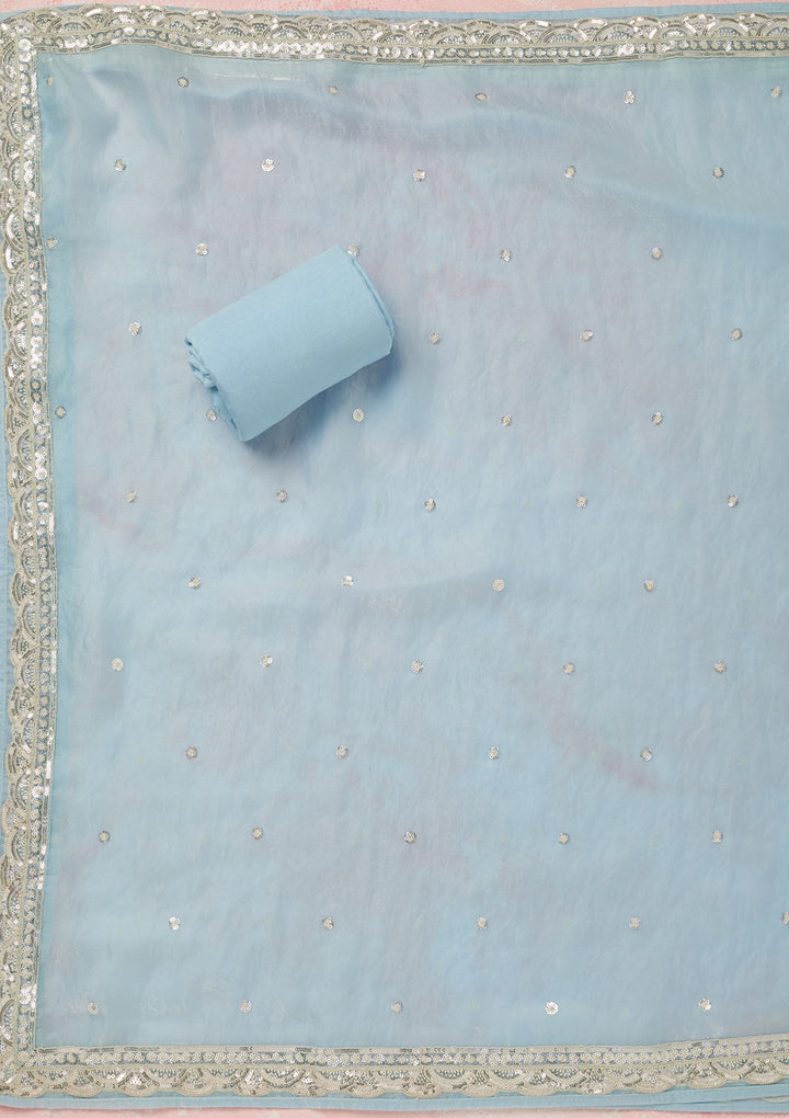 Sky Blue Tissue Sequins Unstitched Dress Material With Matching Bottom And Dupatta