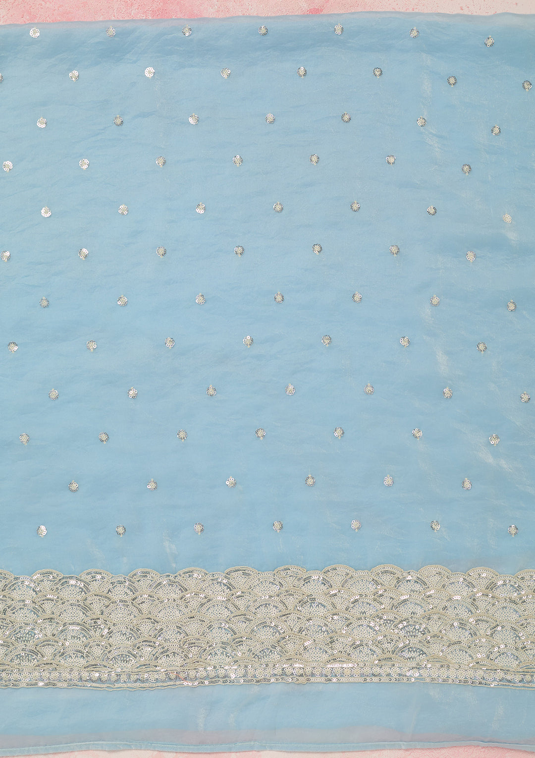 Sky Blue Tissue Sequins Unstitched Dress Material With Matching Bottom And Dupatta
