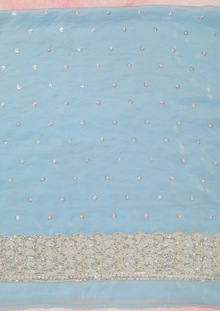 Sky Blue Tissue Sequins Unstitched Dress Material With Matching Bottom And Dupatta