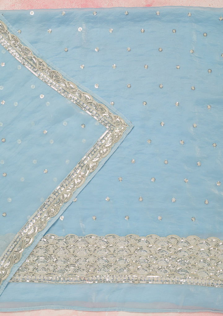 Sky Blue Tissue Sequins Unstitched Dress Material With Matching Bottom And Dupatta