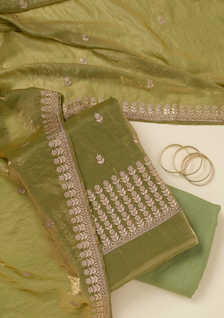 Pista Green Gotapatti Semi Crepe Unstitched Salwar Suit