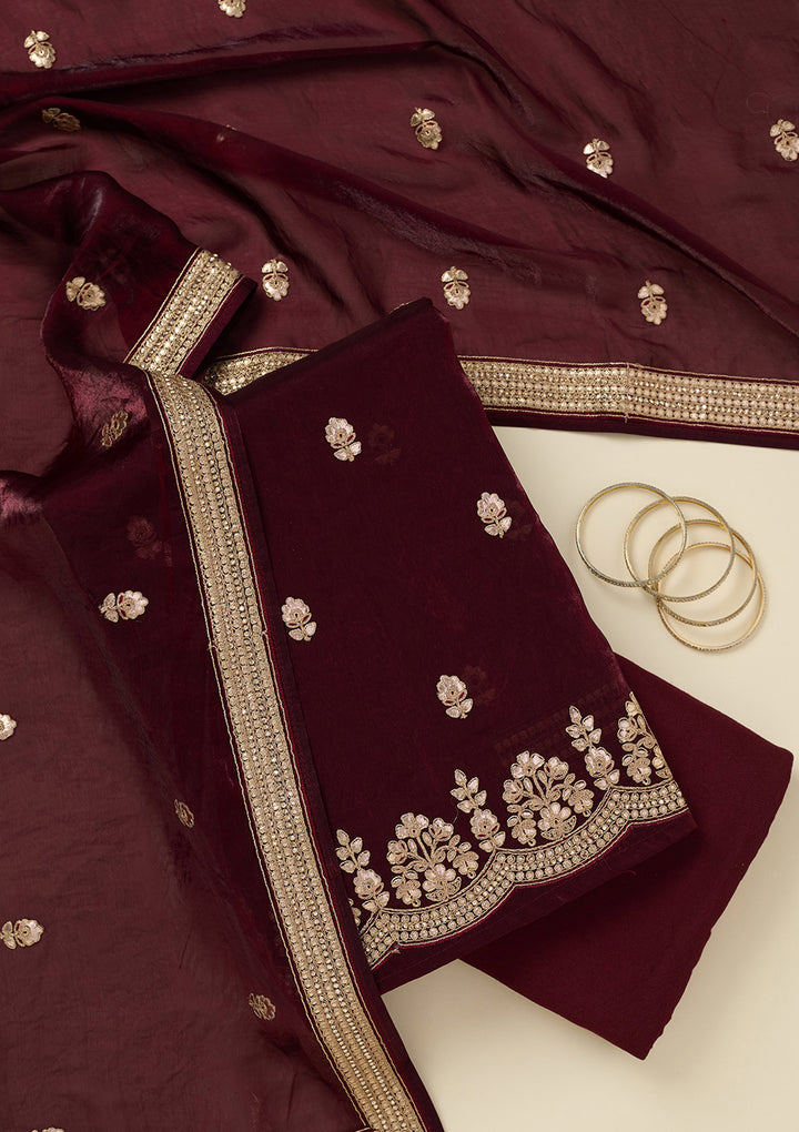 Dark Maroon Organza Gotapatti Unstitched Dress Material With Matching Bottom And Dupatta