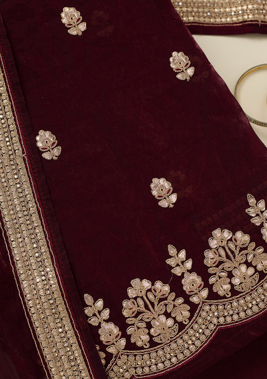 Dark Maroon Organza Gotapatti Unstitched Dress Material With Matching Bottom And Dupatta