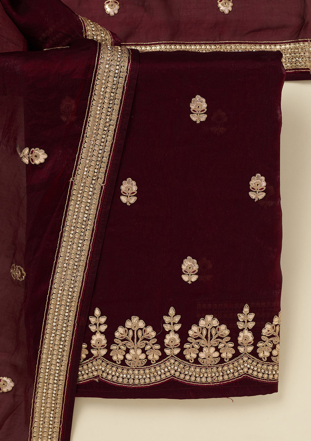 Dark Maroon Organza Gotapatti Unstitched Dress Material With Matching Bottom And Dupatta