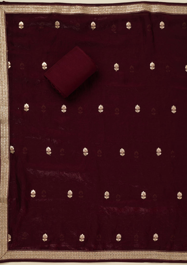 Dark Maroon Organza Gotapatti Unstitched Dress Material With Matching Bottom And Dupatta