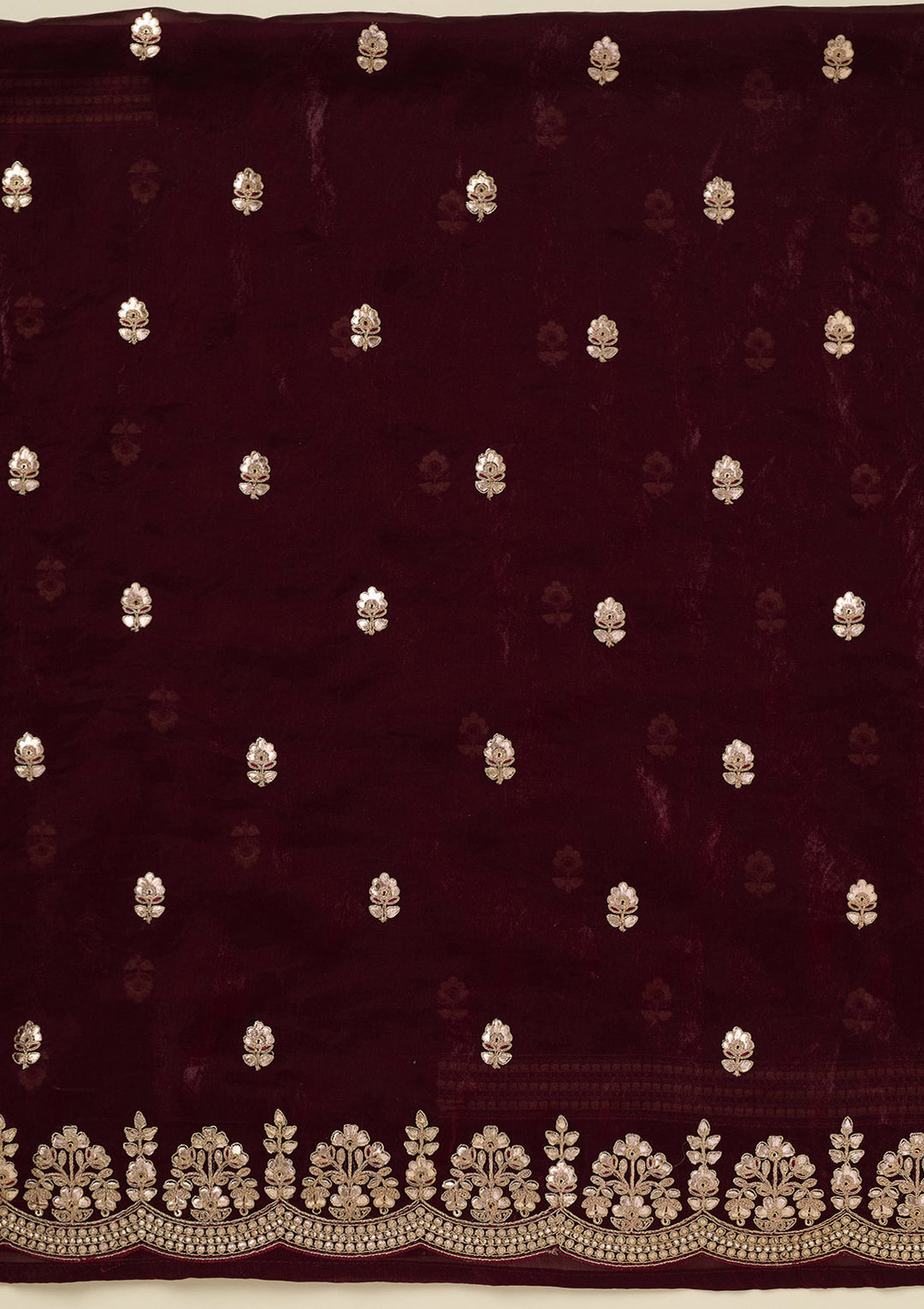 Dark Maroon Organza Gotapatti Unstitched Dress Material With Matching Bottom And Dupatta